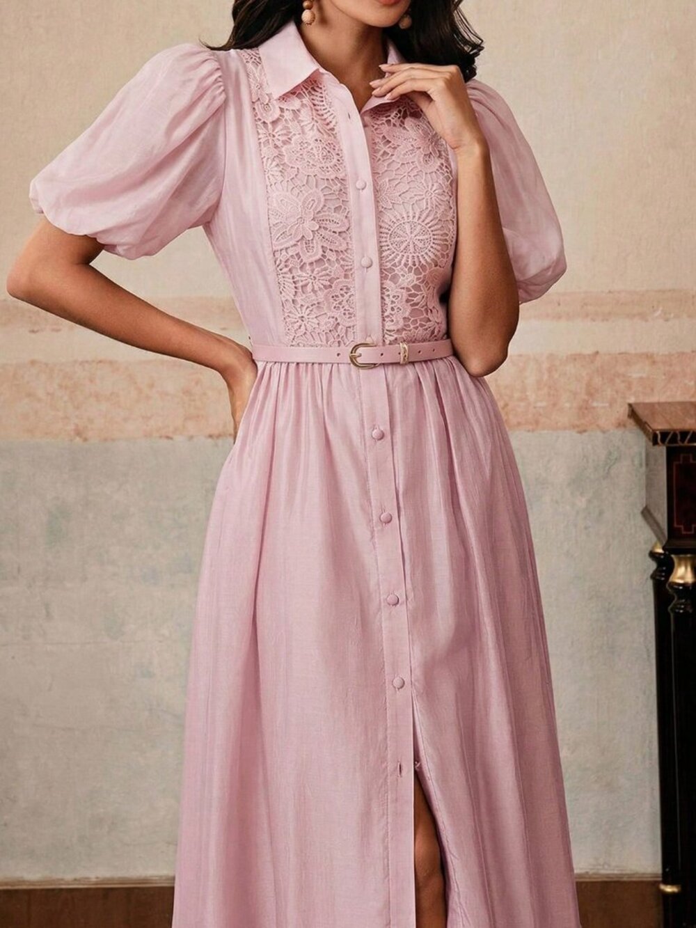Pink Elegant Women's Floral Patchwork Ruffle Hem Midi Dress - Picture 5 of 7